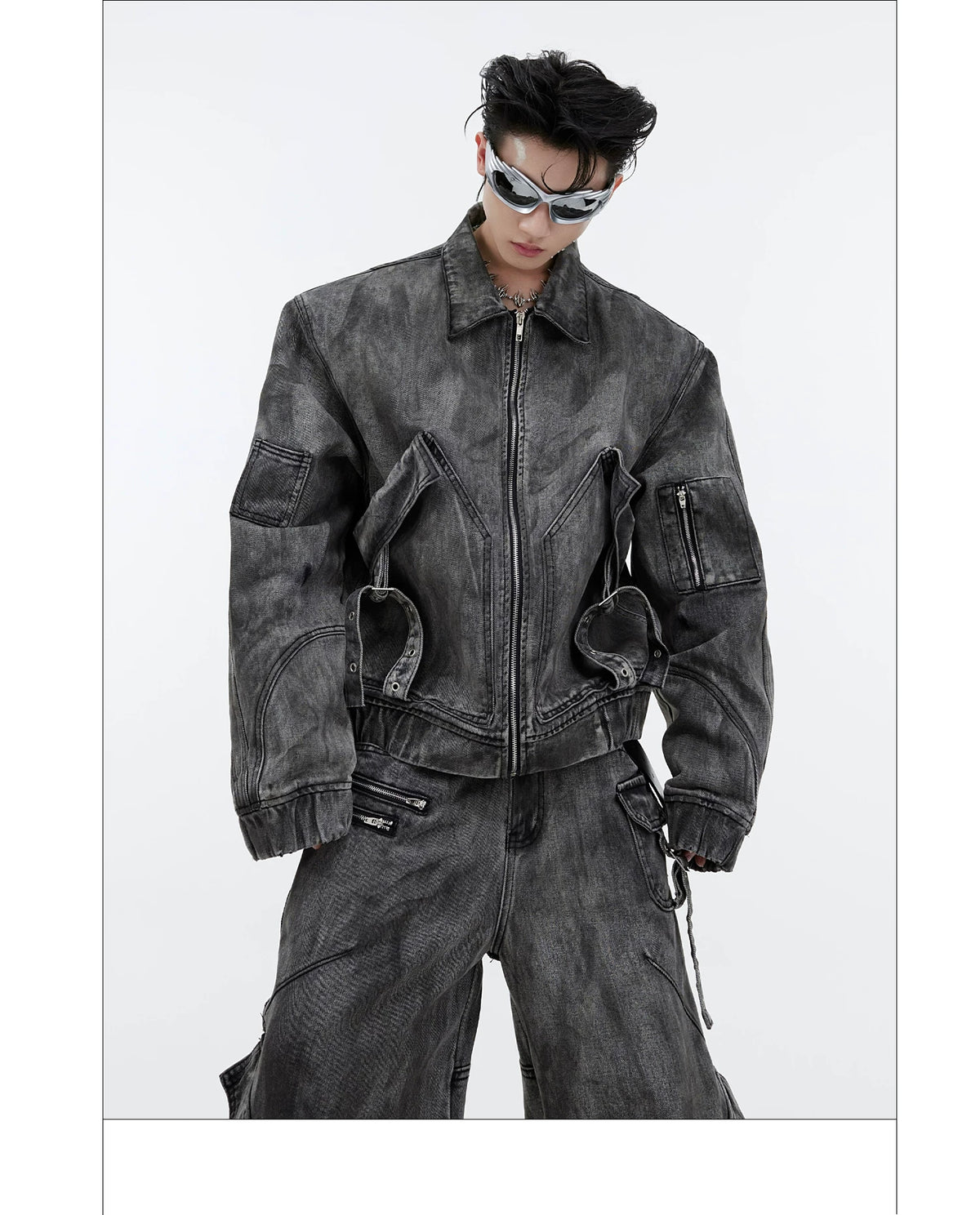 Distressed Gray Denim Utility Jacket and Pants Set - description image 5