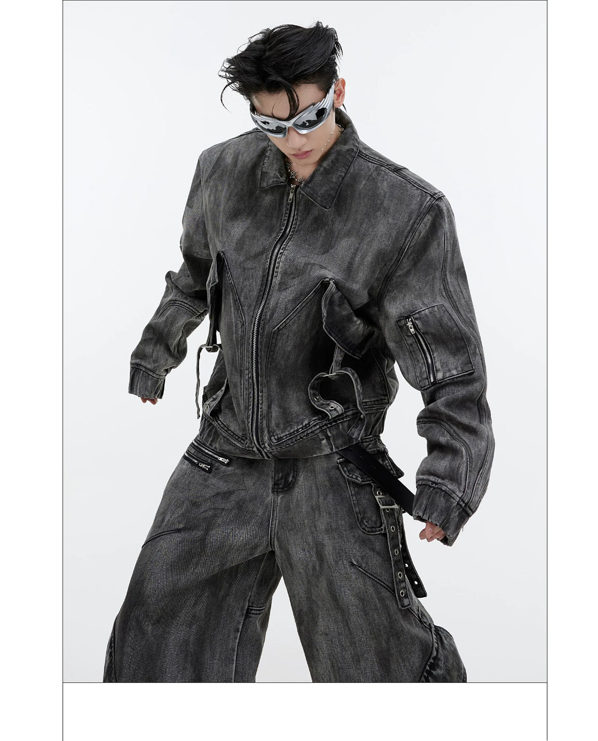 Distressed Gray Denim Utility Jacket and Pants Set - description image 6