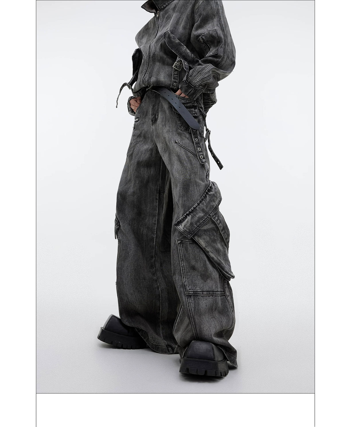 Distressed Gray Denim Utility Jacket and Pants Set - description image 8
