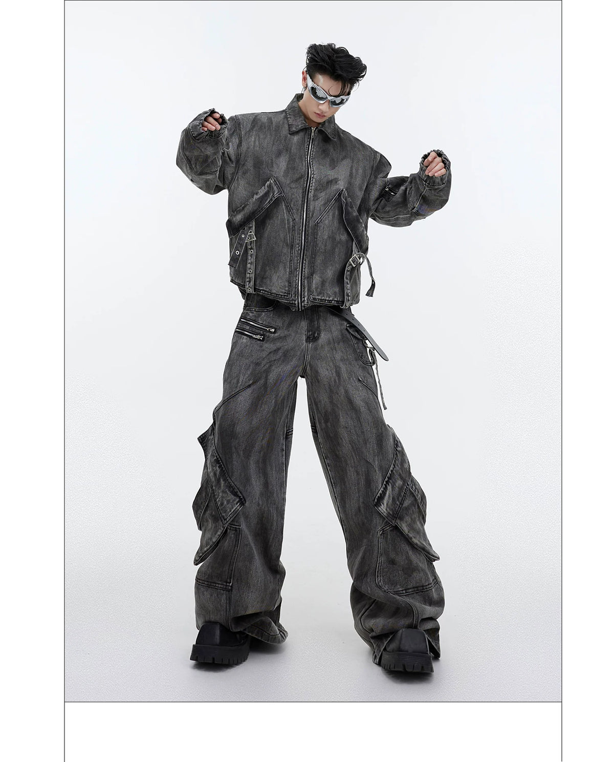 Distressed Gray Denim Utility Jacket and Pants Set - description image 9