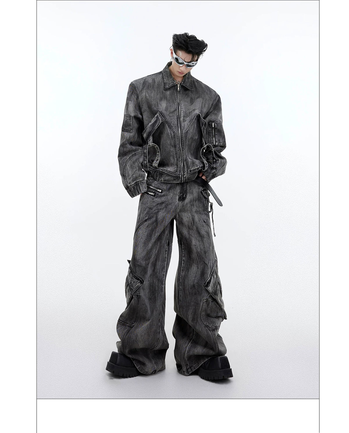Distressed Gray Denim Utility Jacket and Pants Set - description image 12