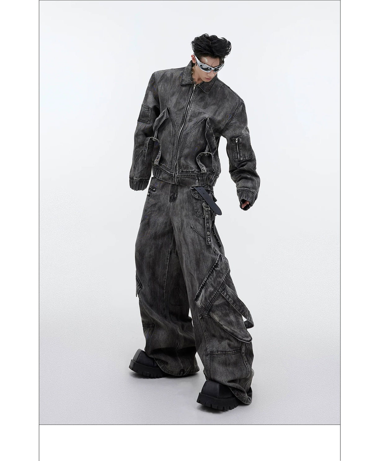 Distressed Gray Denim Utility Jacket and Pants Set - description image 13