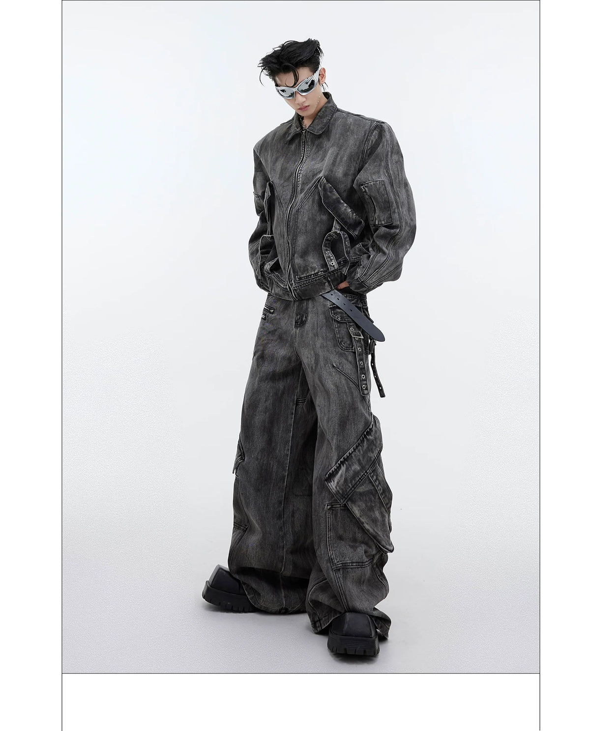 Distressed Gray Denim Utility Jacket and Pants Set - description image 14