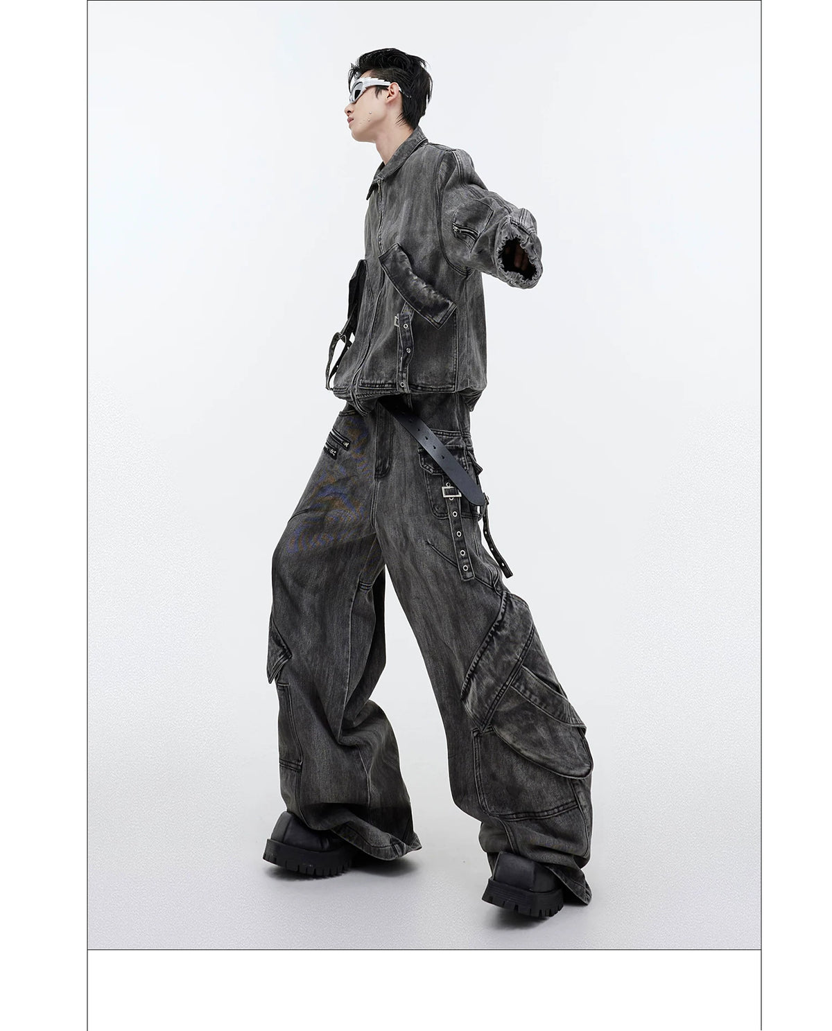 Distressed Gray Denim Utility Jacket and Pants Set - description image 15