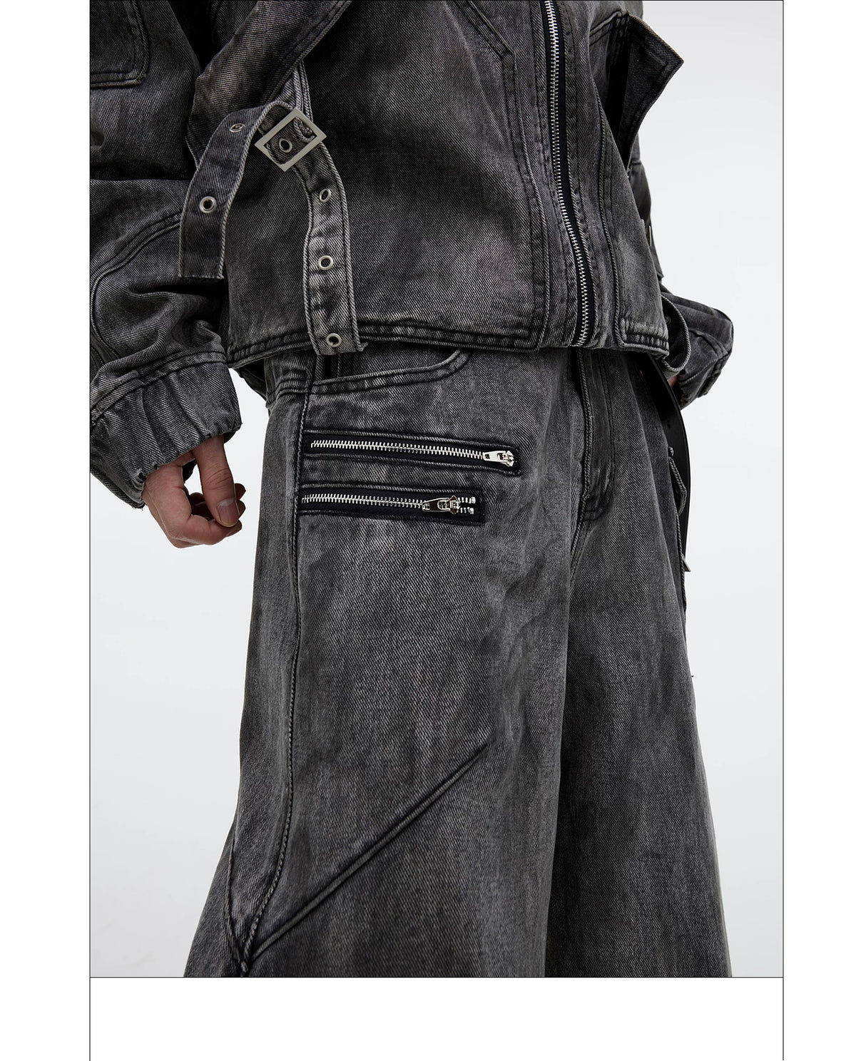 Distressed Gray Denim Utility Jacket and Pants Set - description image 16