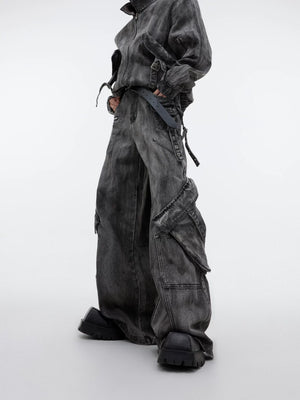 Distressed Gray Denim Utility Jacket and Pants Set - main image 3