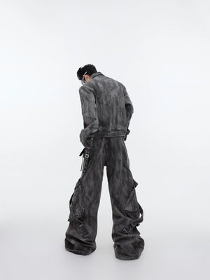 Distressed Gray Denim Utility Jacket and Pants Set - main image 4