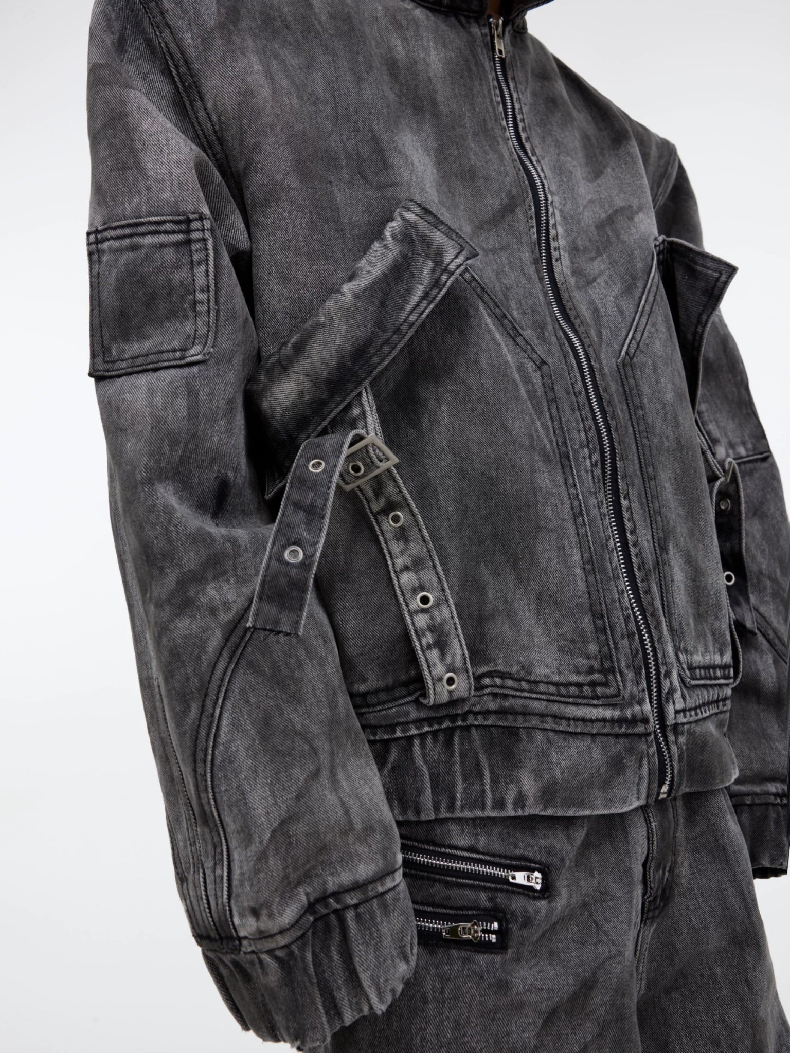 Distressed Gray Denim Utility Jacket and Pants Set - main image 5
