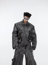 Distressed Gray Denim Utility Jacket and Pants Set - Gray 1