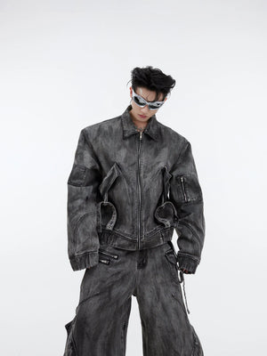 Distressed Gray Denim Utility Jacket and Pants Set - Gray 1