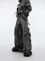 Distressed Gray Denim Utility Jacket and Pants Set - Gray 2