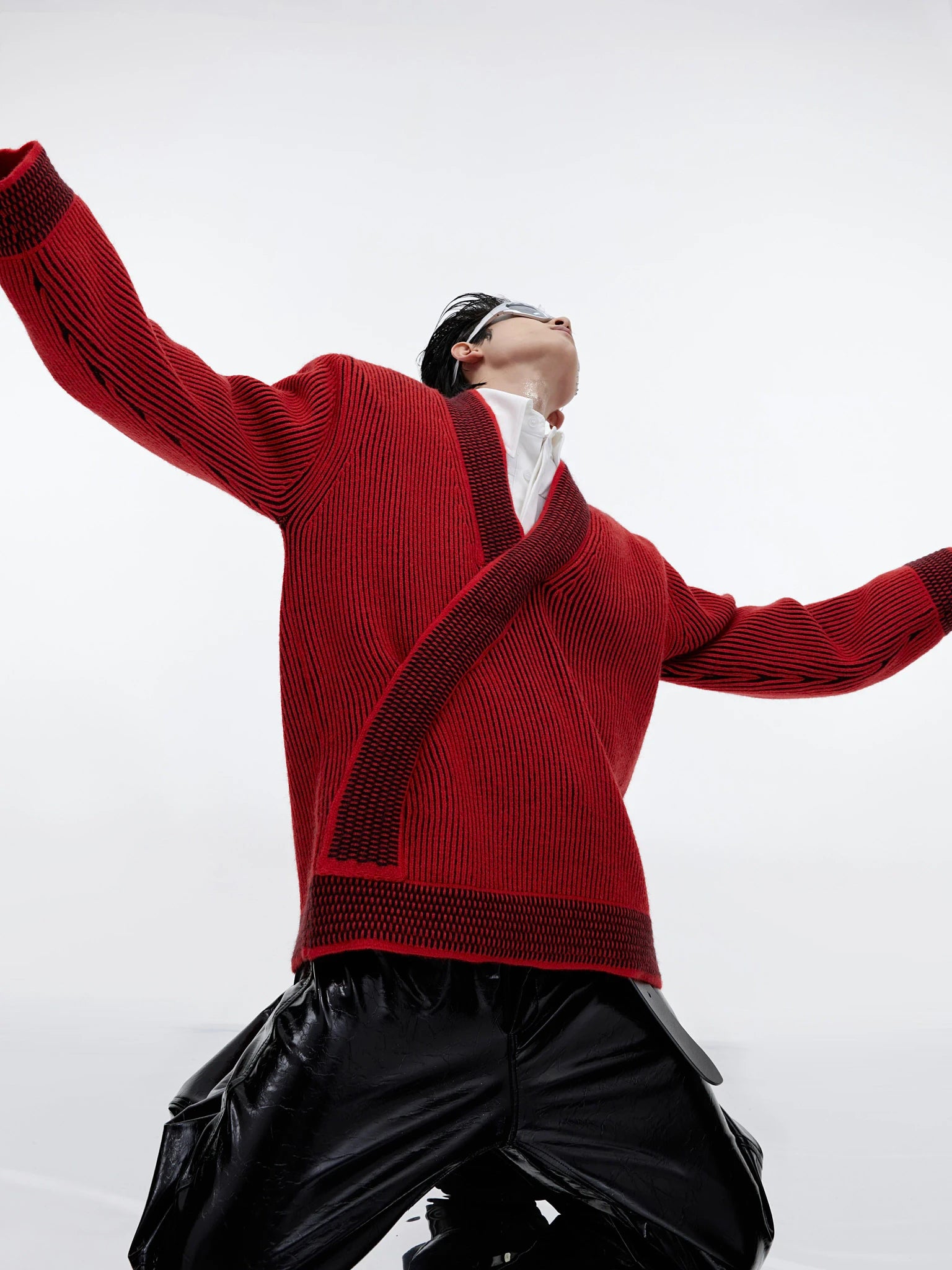 Red V-Neck Cotton Cardigan with Asymmetric Front - main image 2