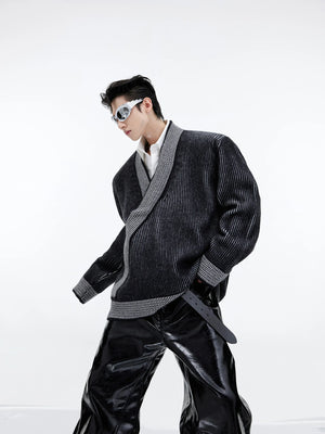 Red V-Neck Cotton Cardigan with Asymmetric Front - main image 3