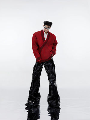 Red V-Neck Cotton Cardigan with Asymmetric Front - main image 4