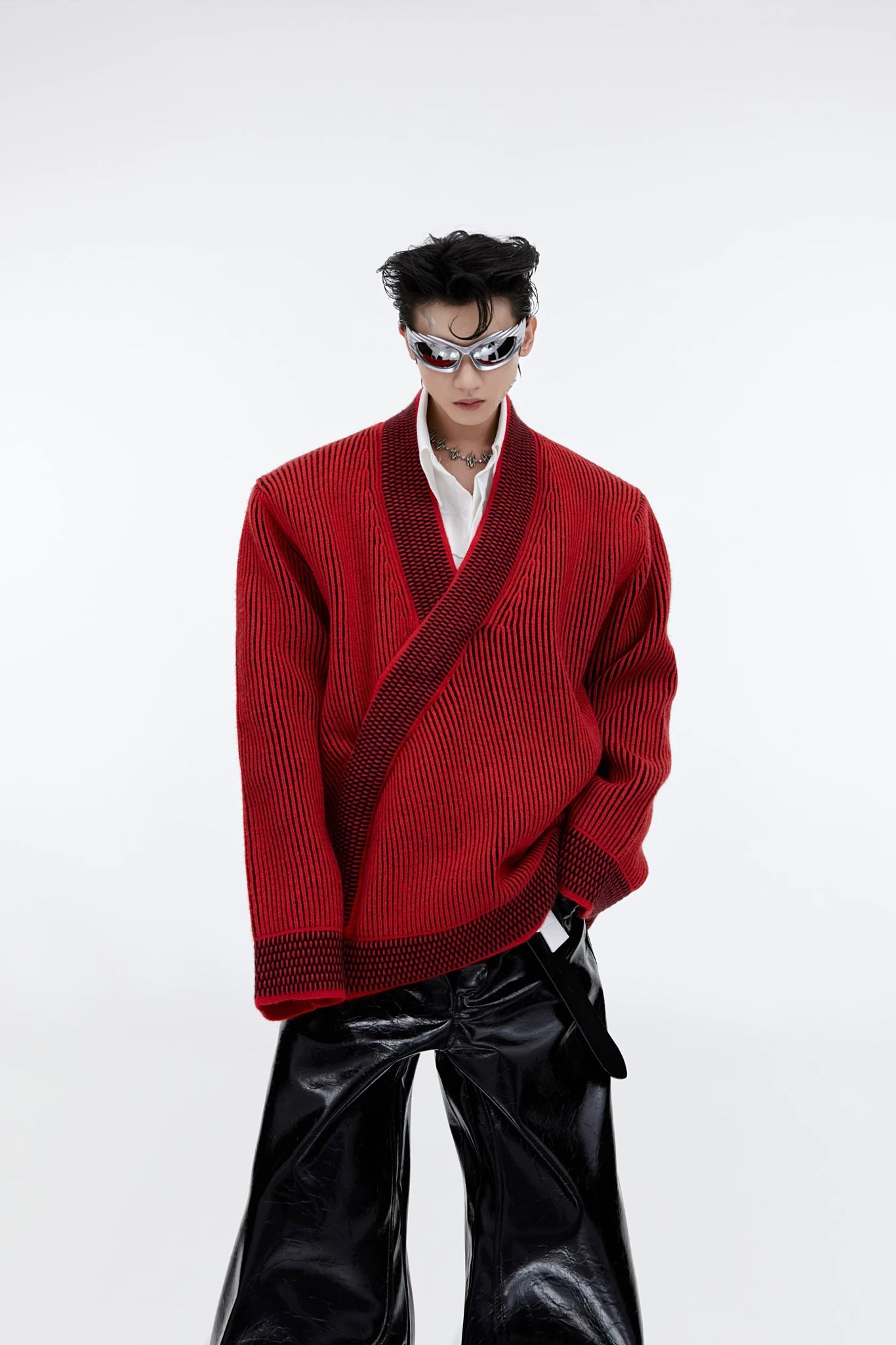 Red V-Neck Cotton Cardigan with Asymmetric Front - Red