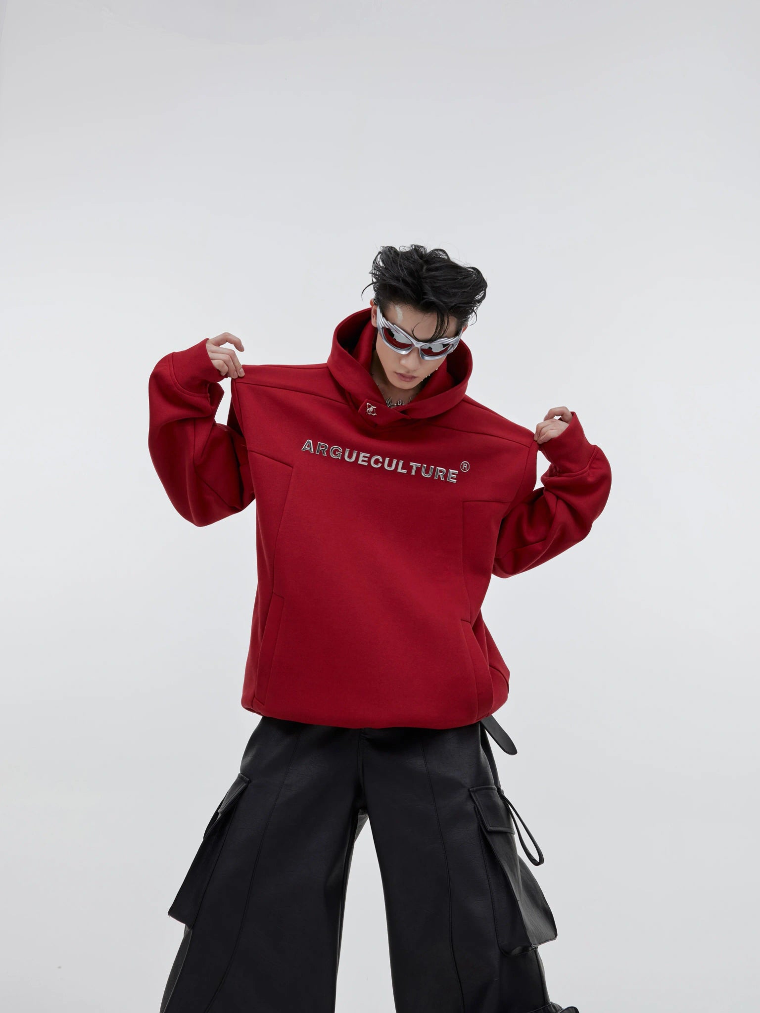 Loose Cotton Hooded Sweatshirt with Dimensional Print - Red