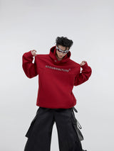 Loose Cotton Hooded Sweatshirt with Dimensional Print - Red