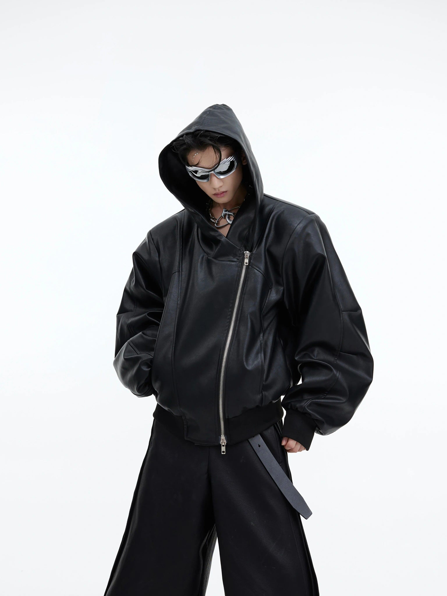 Asymmetric Zip Hooded Faux Leather Jacket, Loose Fit - main image 1