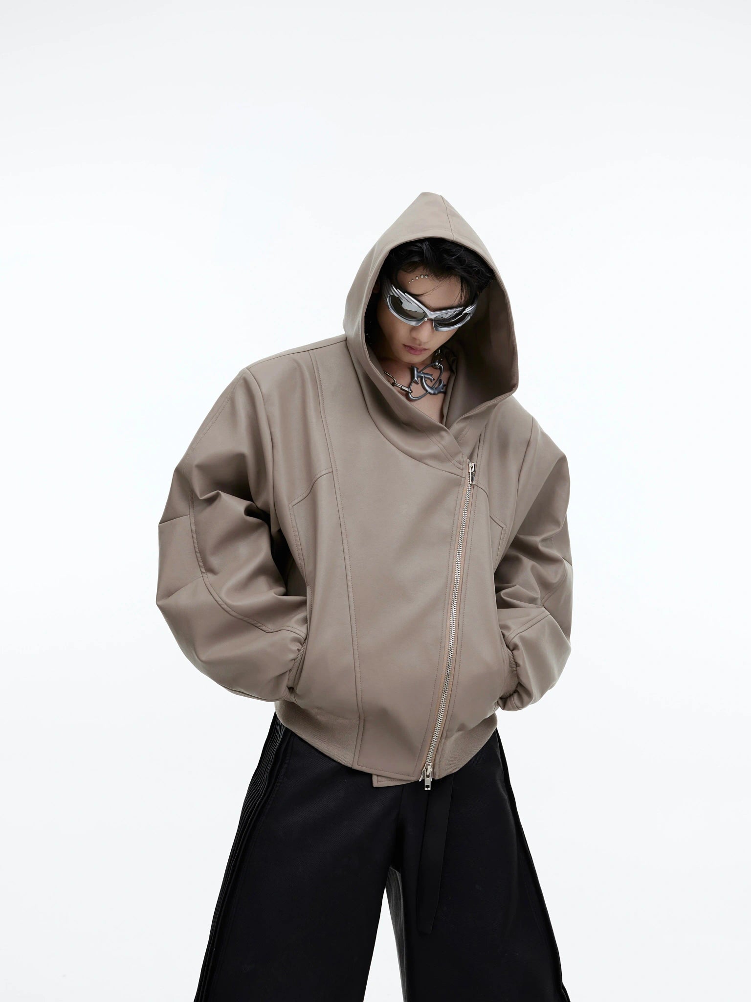 Asymmetric Zip Hooded Faux Leather Jacket, Loose Fit - main image 2