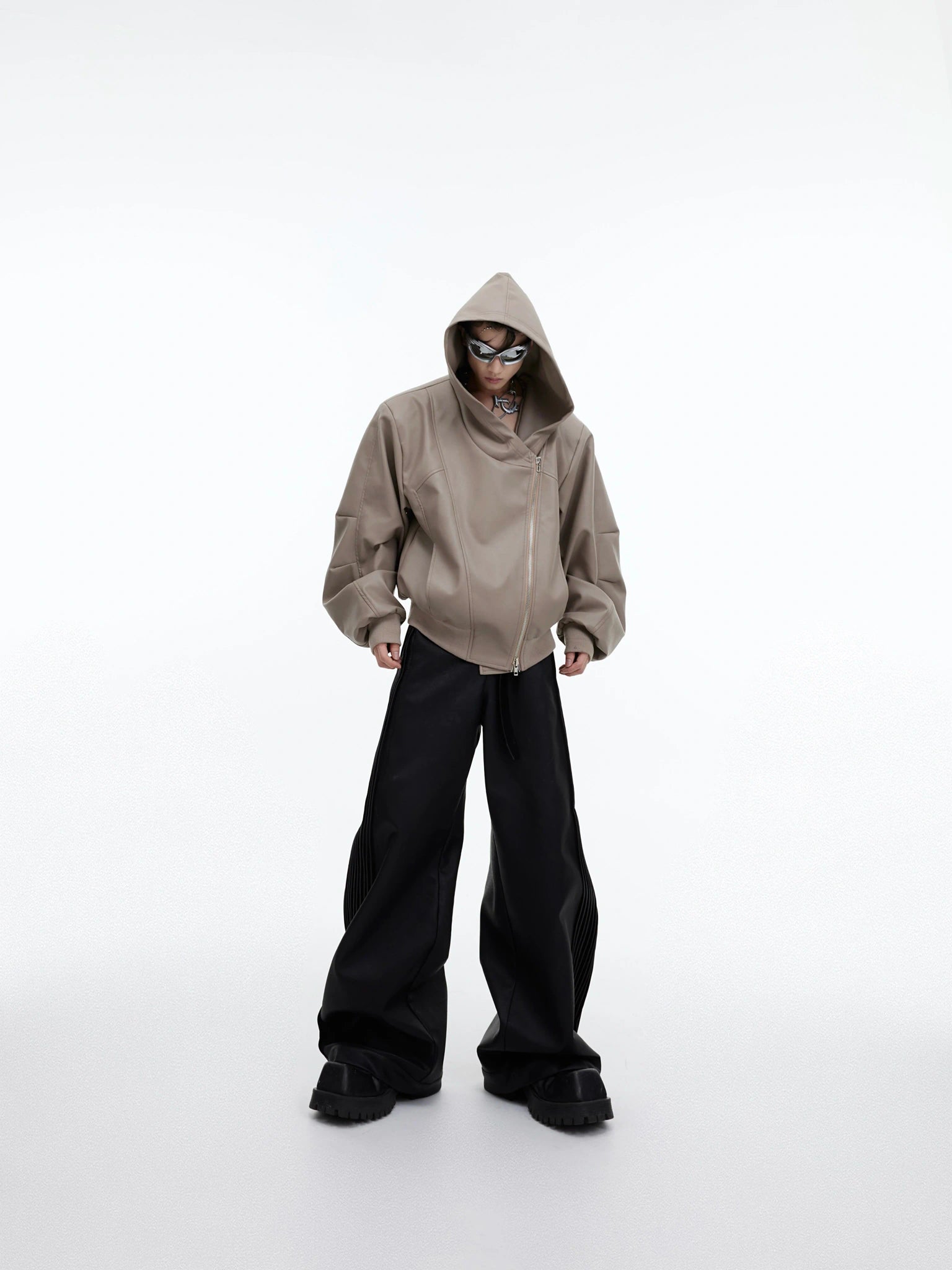 Asymmetric Zip Hooded Faux Leather Jacket, Loose Fit - main image 4
