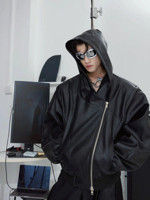 Asymmetric Zip Hooded Faux Leather Jacket, Loose Fit - main image 5