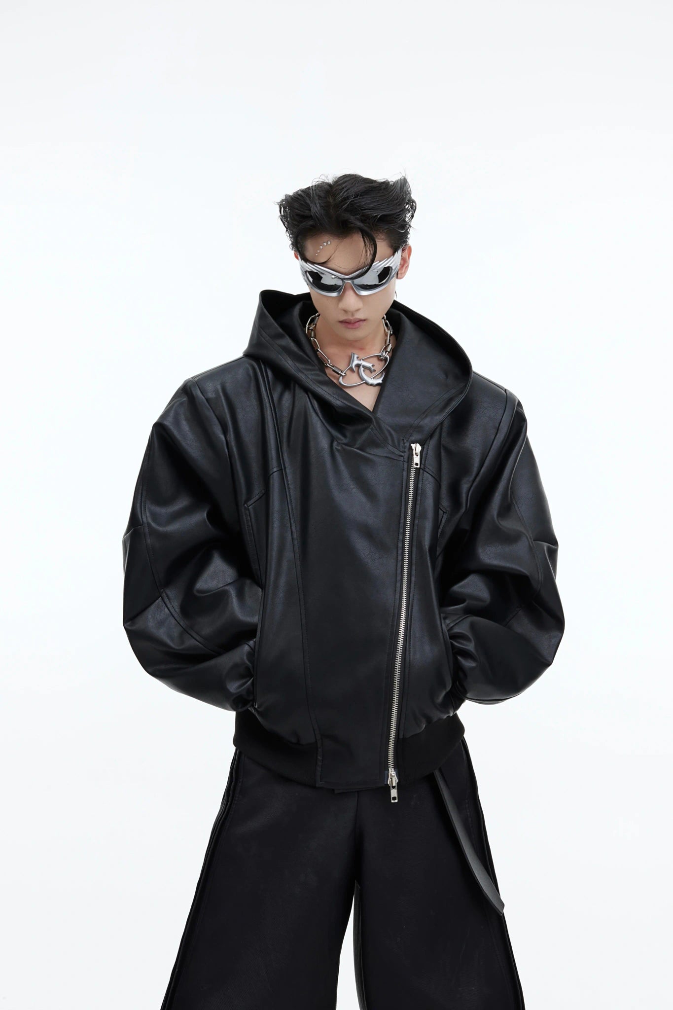 Asymmetric Zip Hooded Faux Leather Jacket, Loose Fit - Black