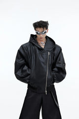 Asymmetric Zip Hooded Faux Leather Jacket, Loose Fit - Black
