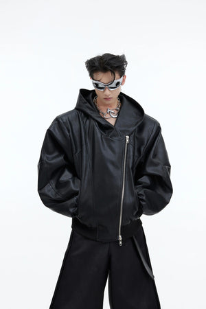 Asymmetric Zip Hooded Faux Leather Jacket, Loose Fit - Black