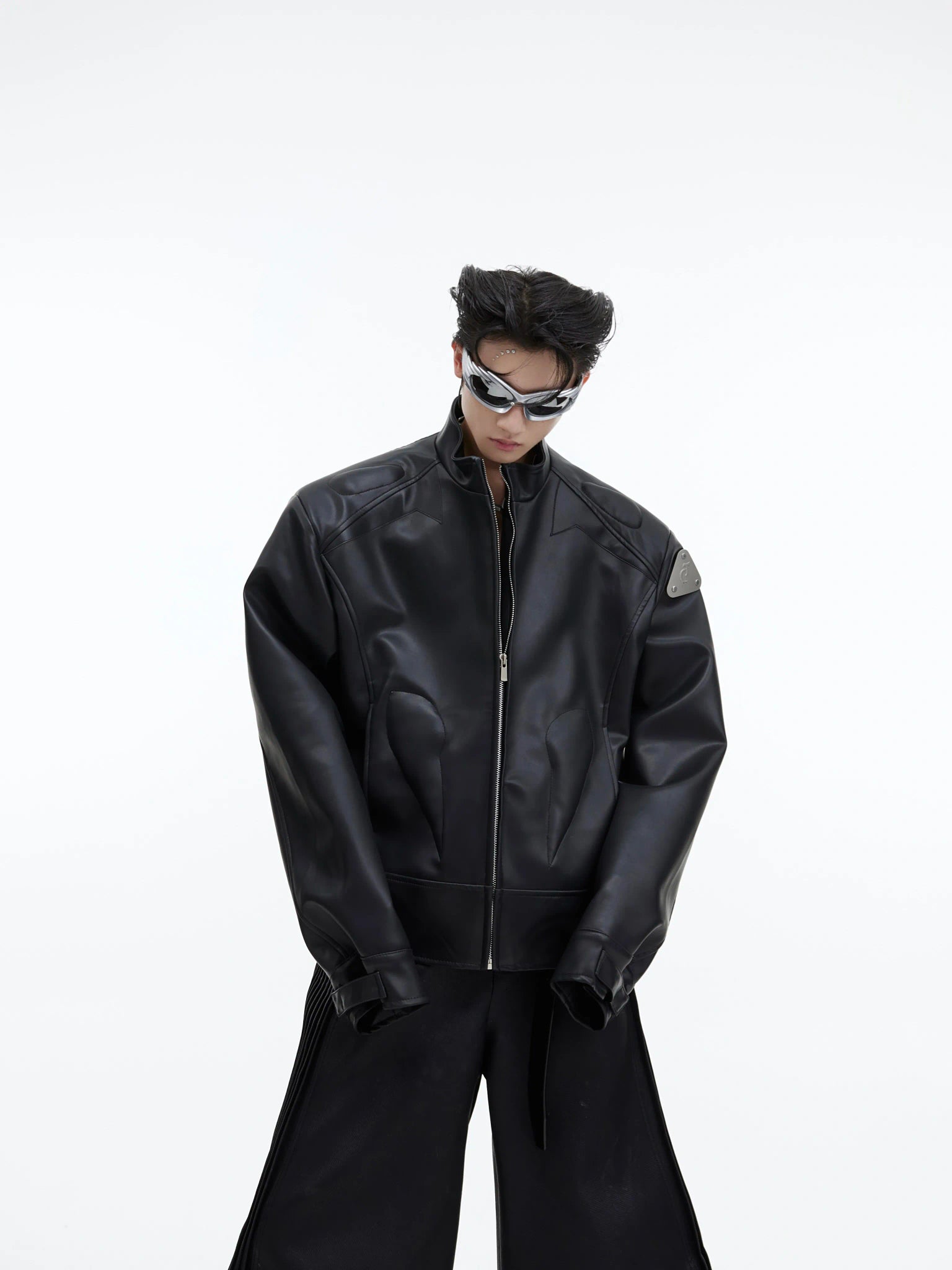 Cropped PU Leather Jacket with Metal Graphic Detail - main image 1