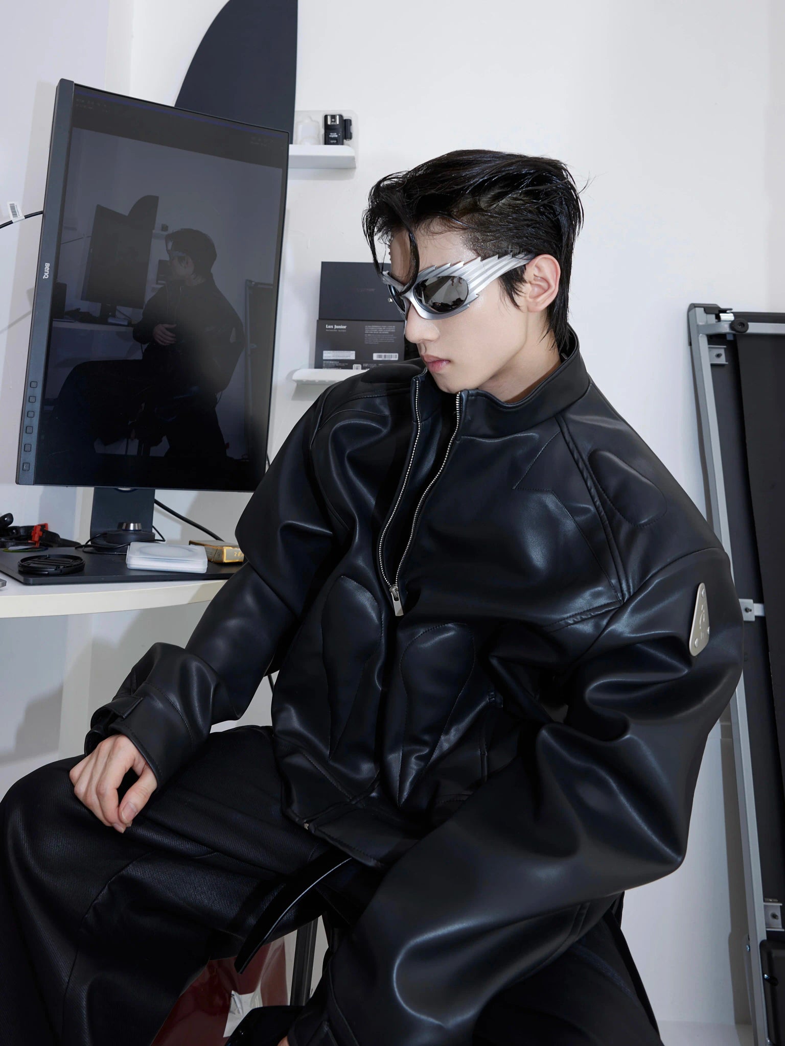 Cropped PU Leather Jacket with Metal Graphic Detail - main image 2