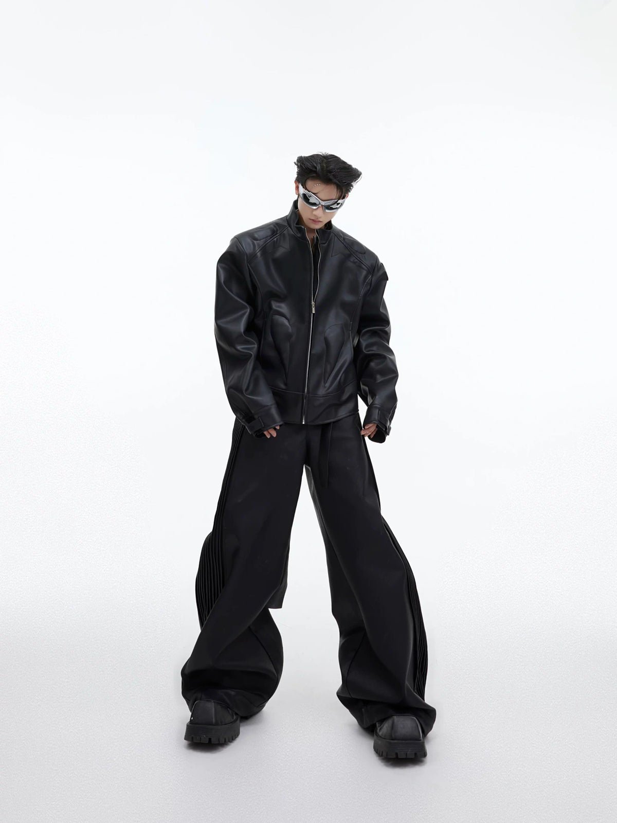 Cropped PU Leather Jacket with Metal Graphic Detail - main image 3