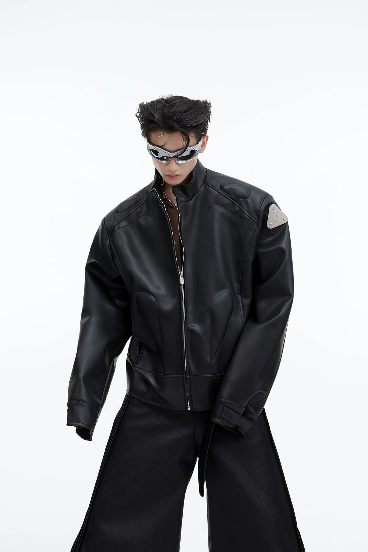 Cropped PU Leather Jacket with Metal Graphic Detail - Black