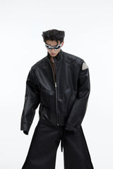 Cropped PU Leather Jacket with Metal Graphic Detail - Black