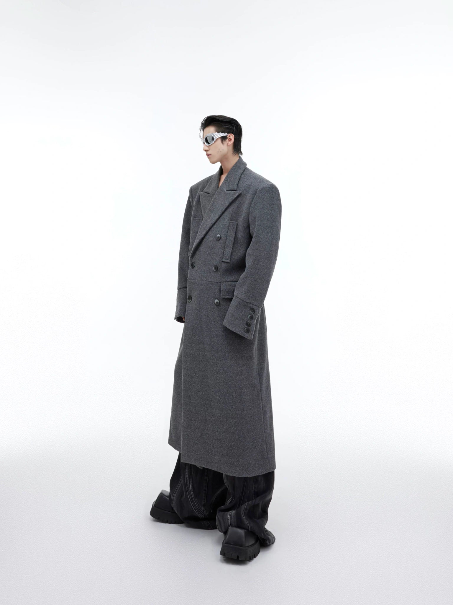 Longline Wool-Blend Overcoat with Padded Shoulders - main image 3
