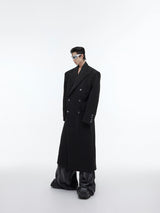 Longline Wool-Blend Overcoat with Padded Shoulders - Black