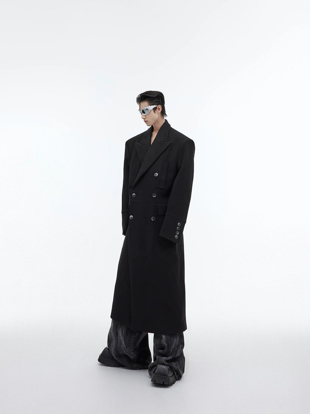 Longline Wool-Blend Overcoat with Padded Shoulders - Black