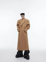 Longline Wool-Blend Overcoat with Padded Shoulders - Brown