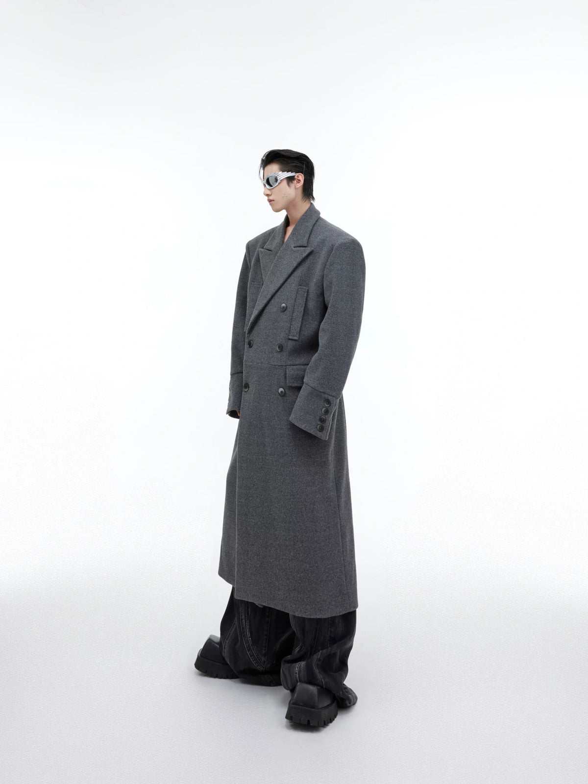 Longline Wool-Blend Overcoat with Padded Shoulders - Gray