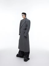 Longline Wool-Blend Overcoat with Padded Shoulders - Gray