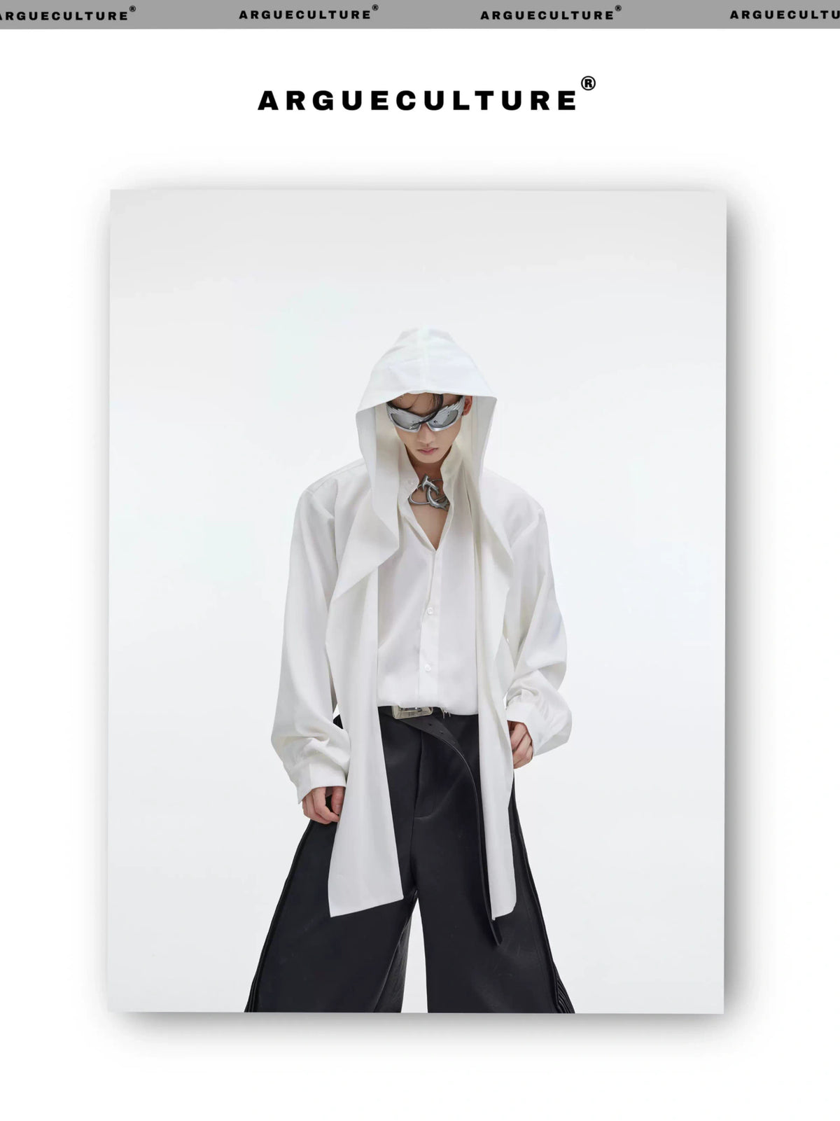 Loose V-Neck Hooded Button-Front Cotton Shirt - description image 13