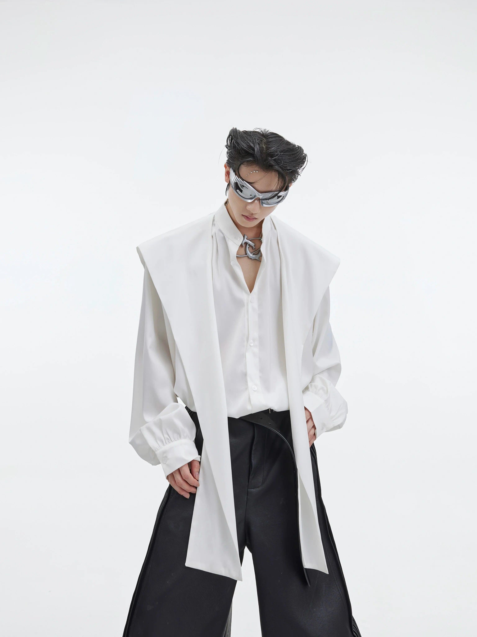 Loose V-Neck Hooded Button-Front Cotton Shirt - main image 1