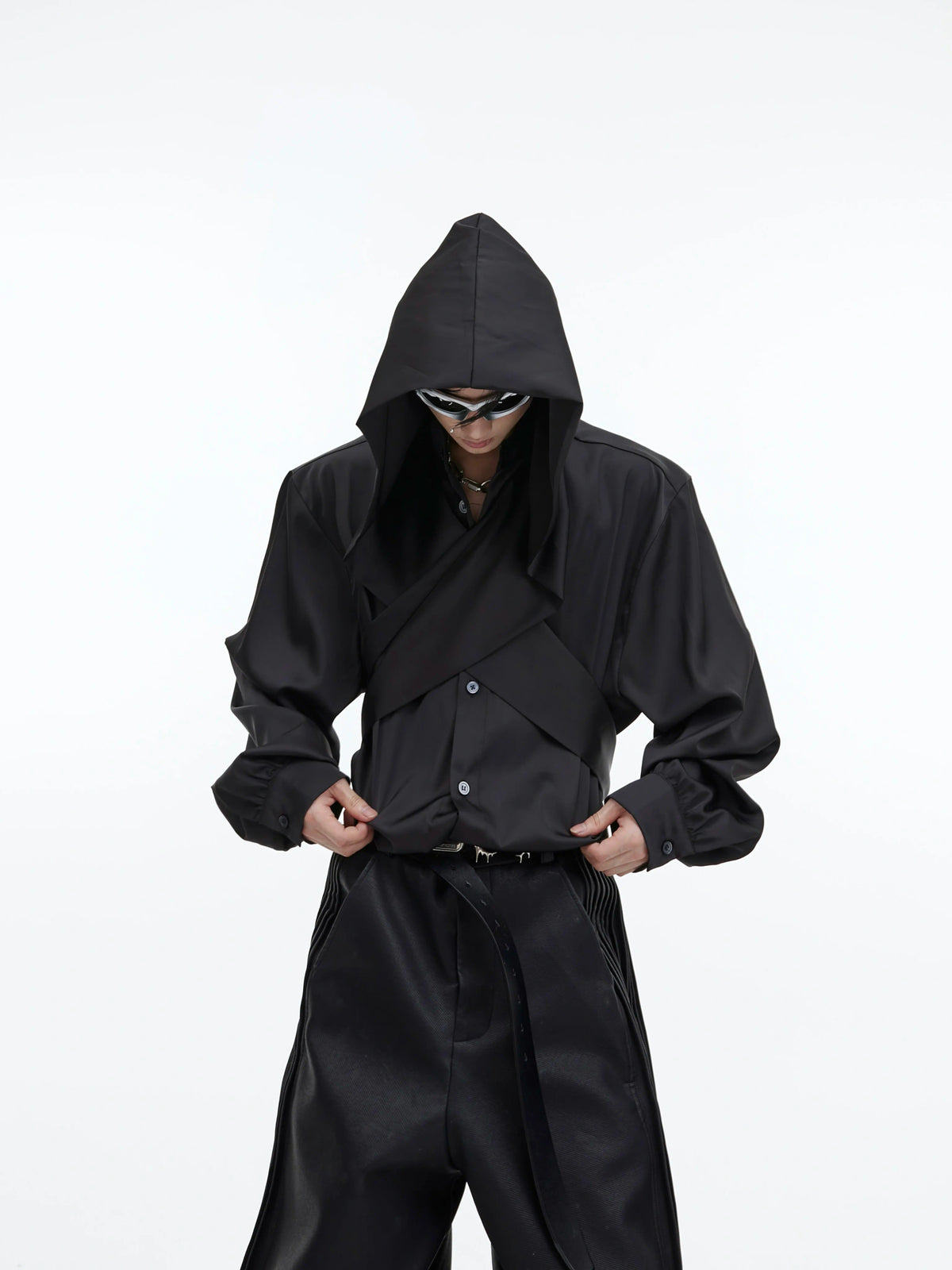 Loose V-Neck Hooded Button-Front Cotton Shirt - main image 2