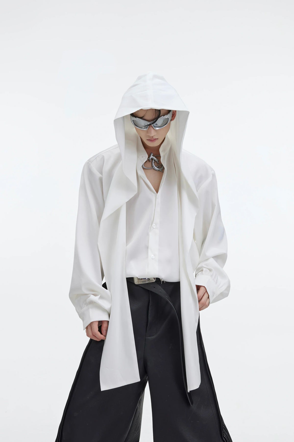 Loose V-Neck Hooded Button-Front Cotton Shirt - White