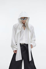 Loose V-Neck Hooded Button-Front Cotton Shirt - White