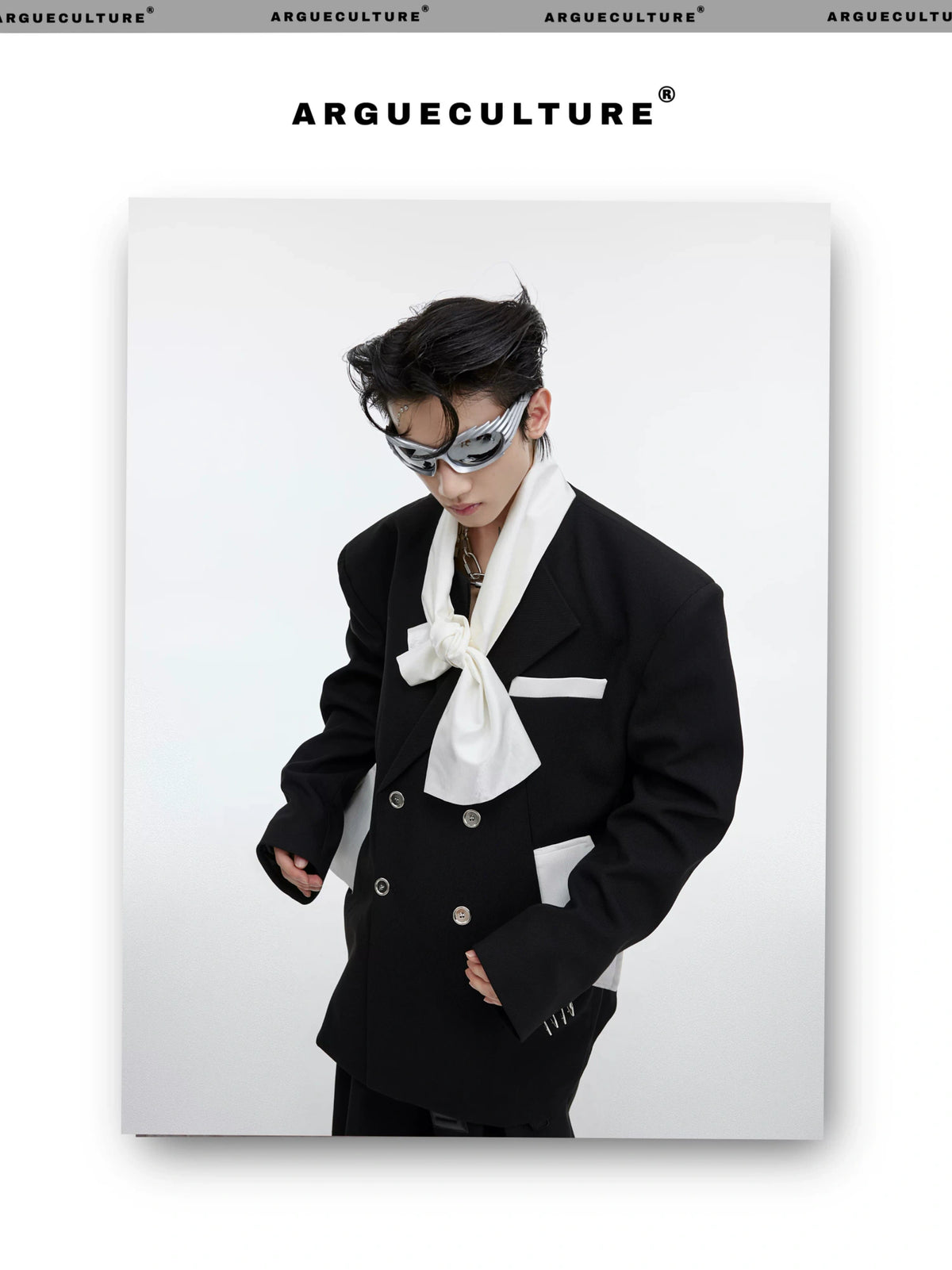 Color-Blocked Tie-Panel Double-Breasted Blazer - description image 2
