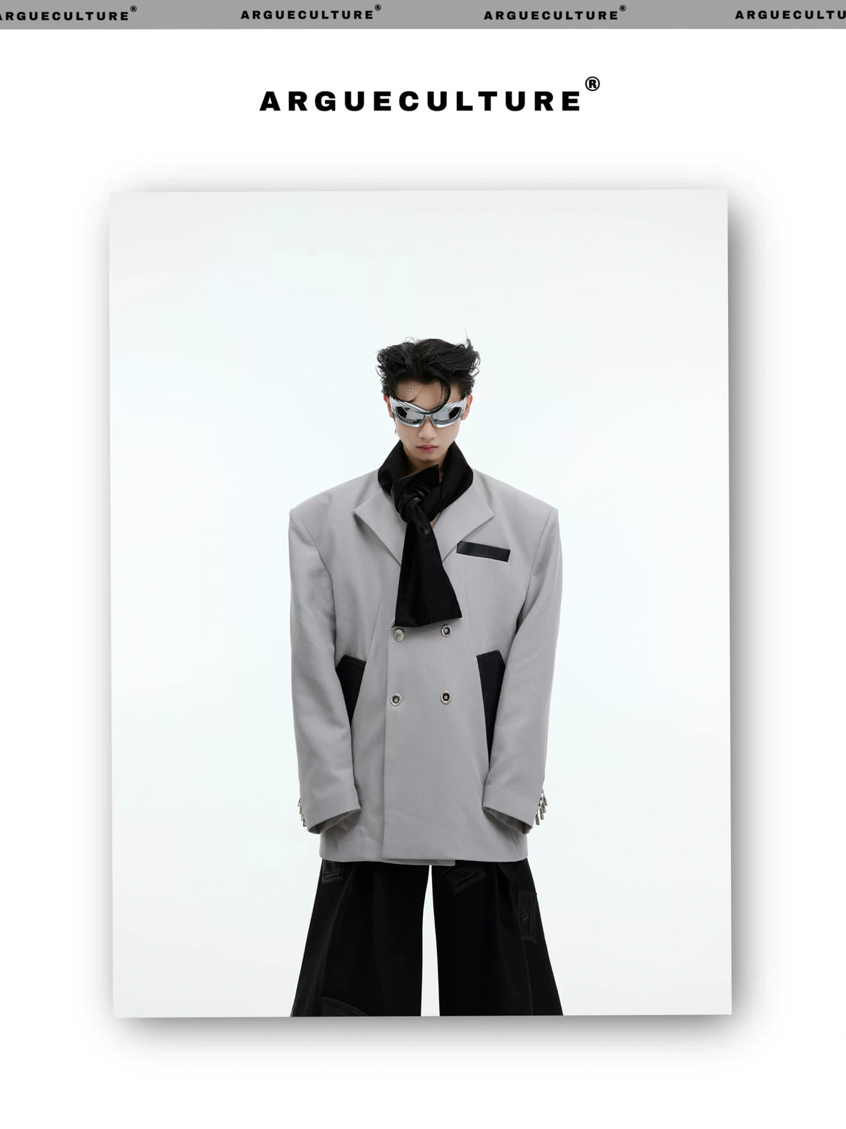 Color-Blocked Tie-Panel Double-Breasted Blazer - description image 3