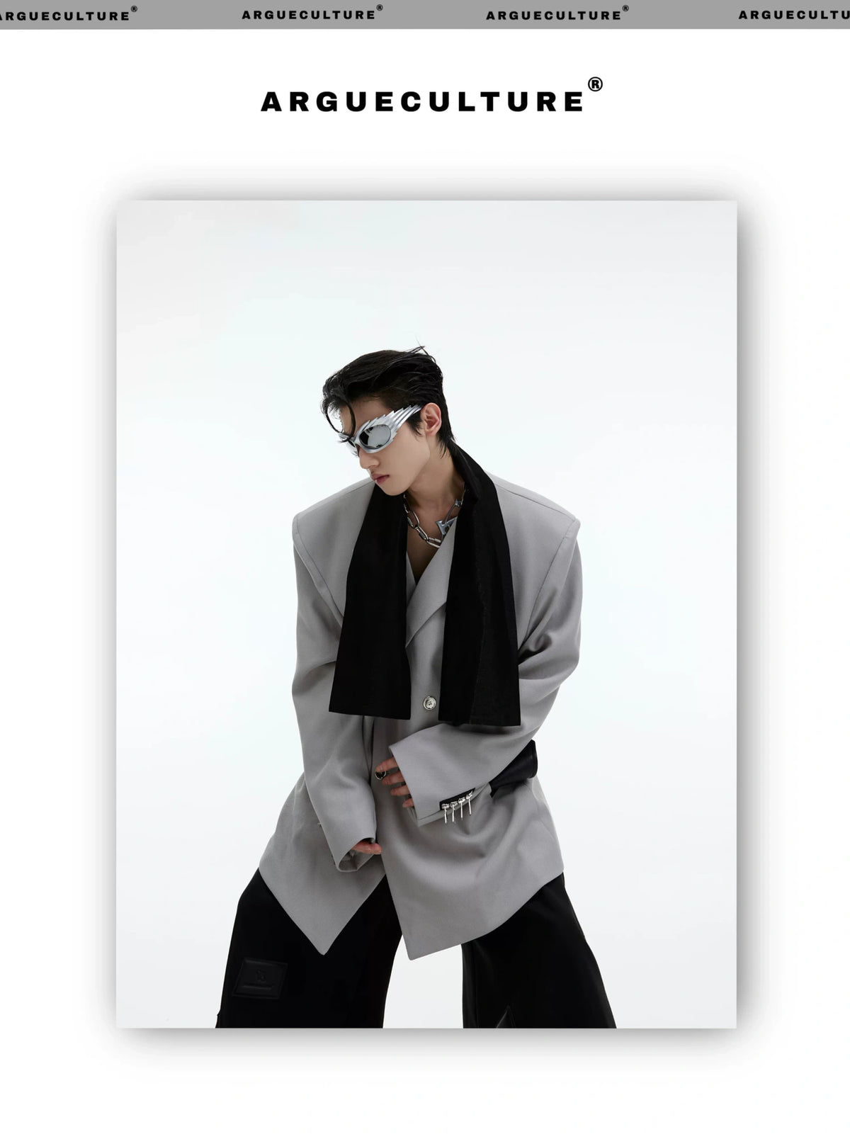 Color-Blocked Tie-Panel Double-Breasted Blazer - description image 7