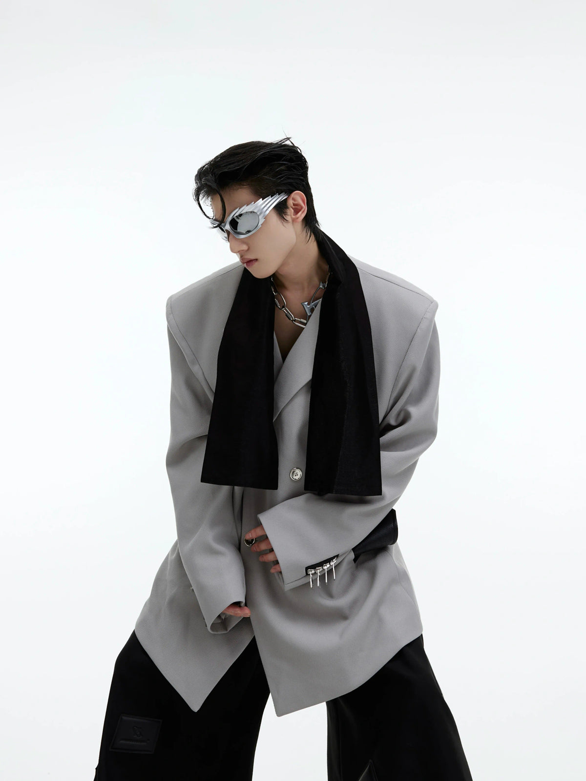 Color-Blocked Tie-Panel Double-Breasted Blazer - main image 2