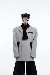 Color-Blocked Tie-Panel Double-Breasted Blazer - Gray-Black