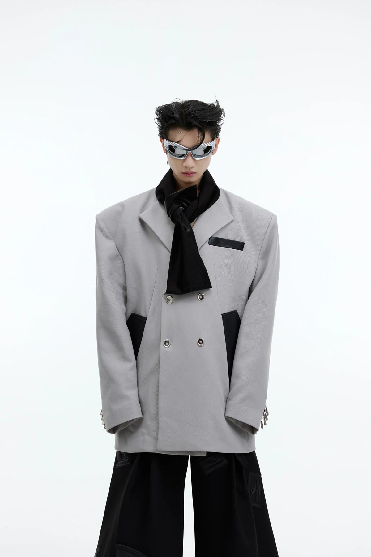 Color-Blocked Tie-Panel Double-Breasted Blazer - Gray-Black